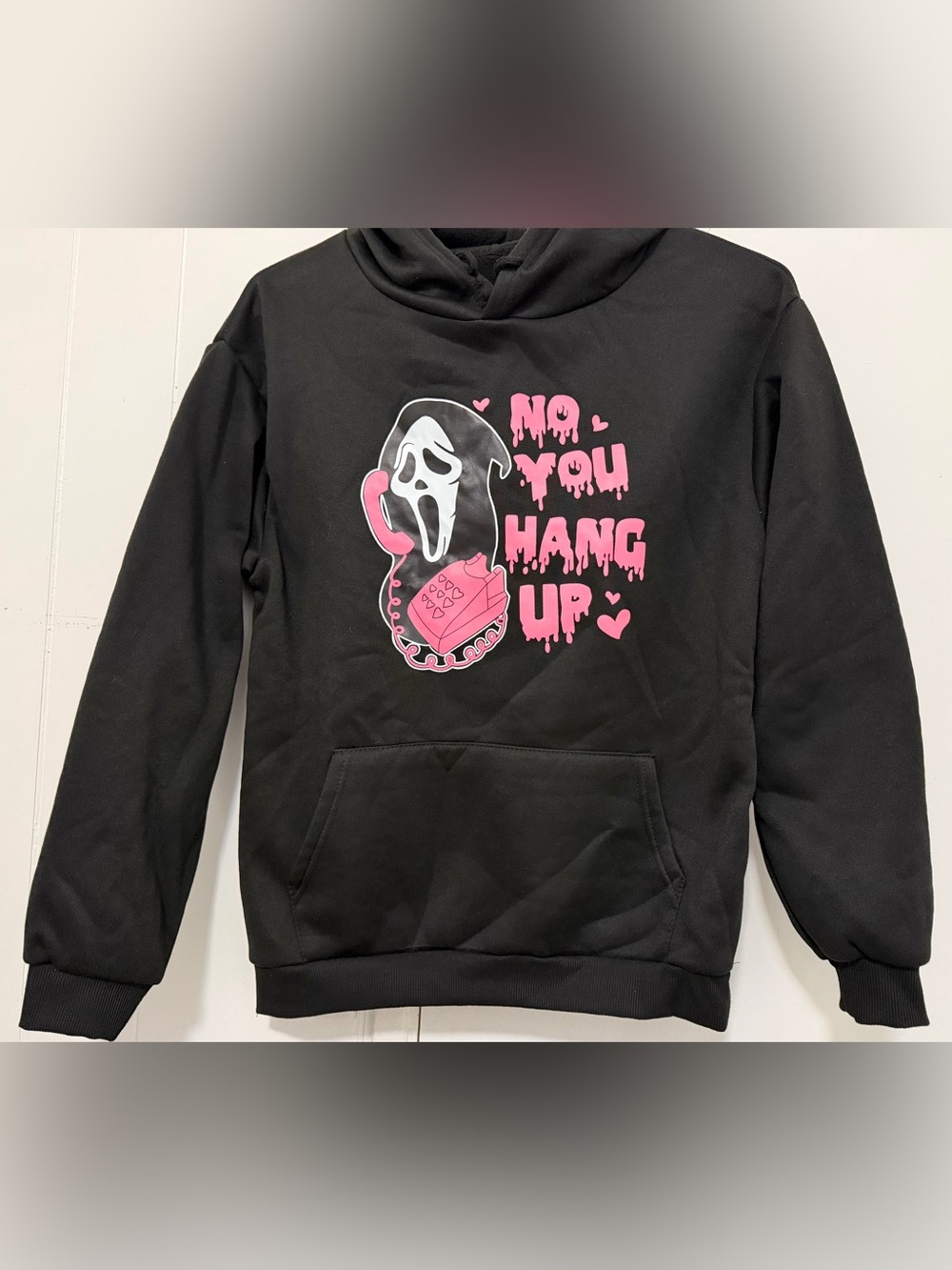 Black Hoodie with Pink 'No You Hang Up' Graphic